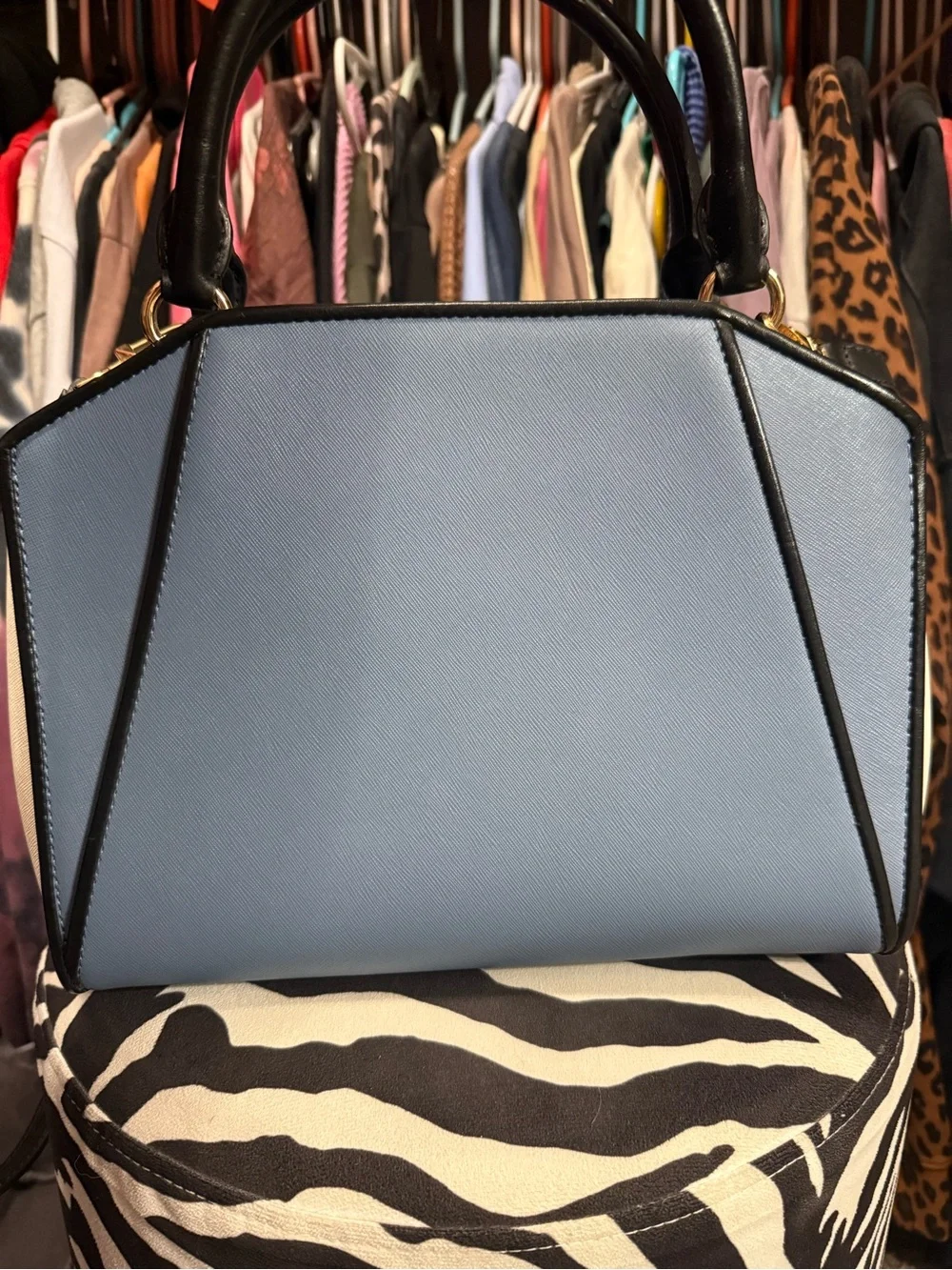 Michael Kors Light Blue and Black Dome Satchel with Gold Hardware